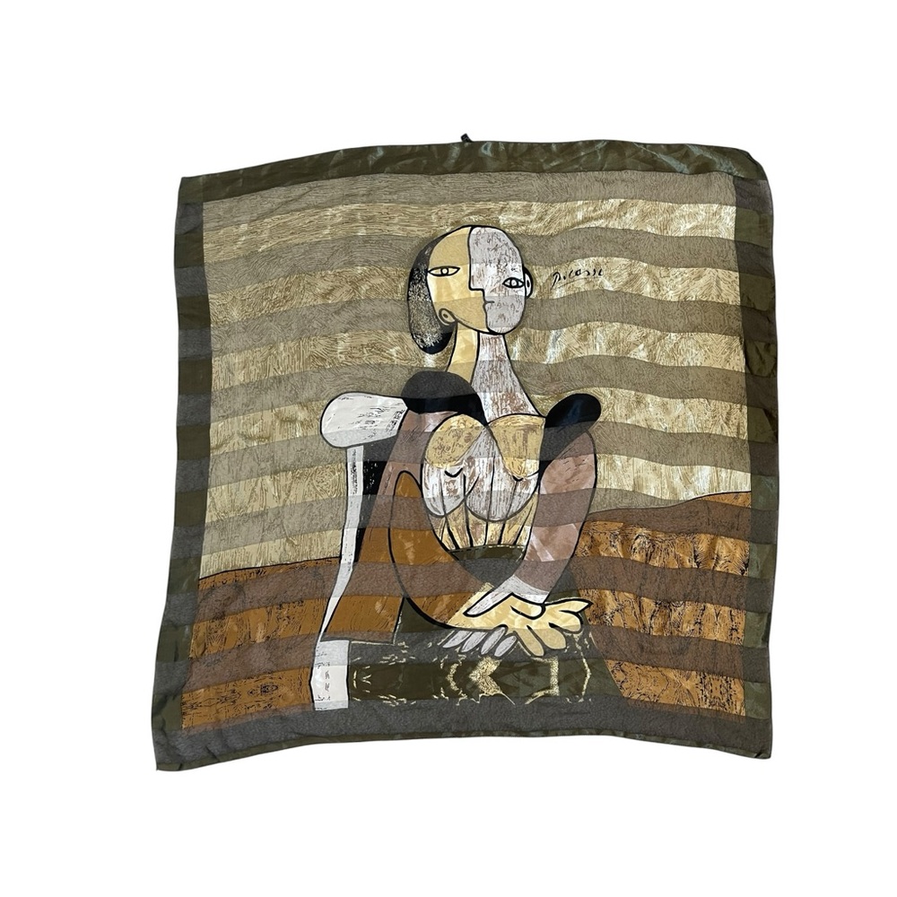 Picasso Style Abstract Art Print Square Scarf 90cm Green Brown Korea Polyester